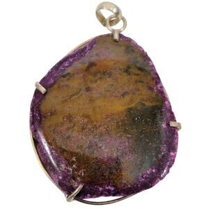 Handmade Silver Pendant with Purple Dyed Jasper Stone Slice Statement Necklace